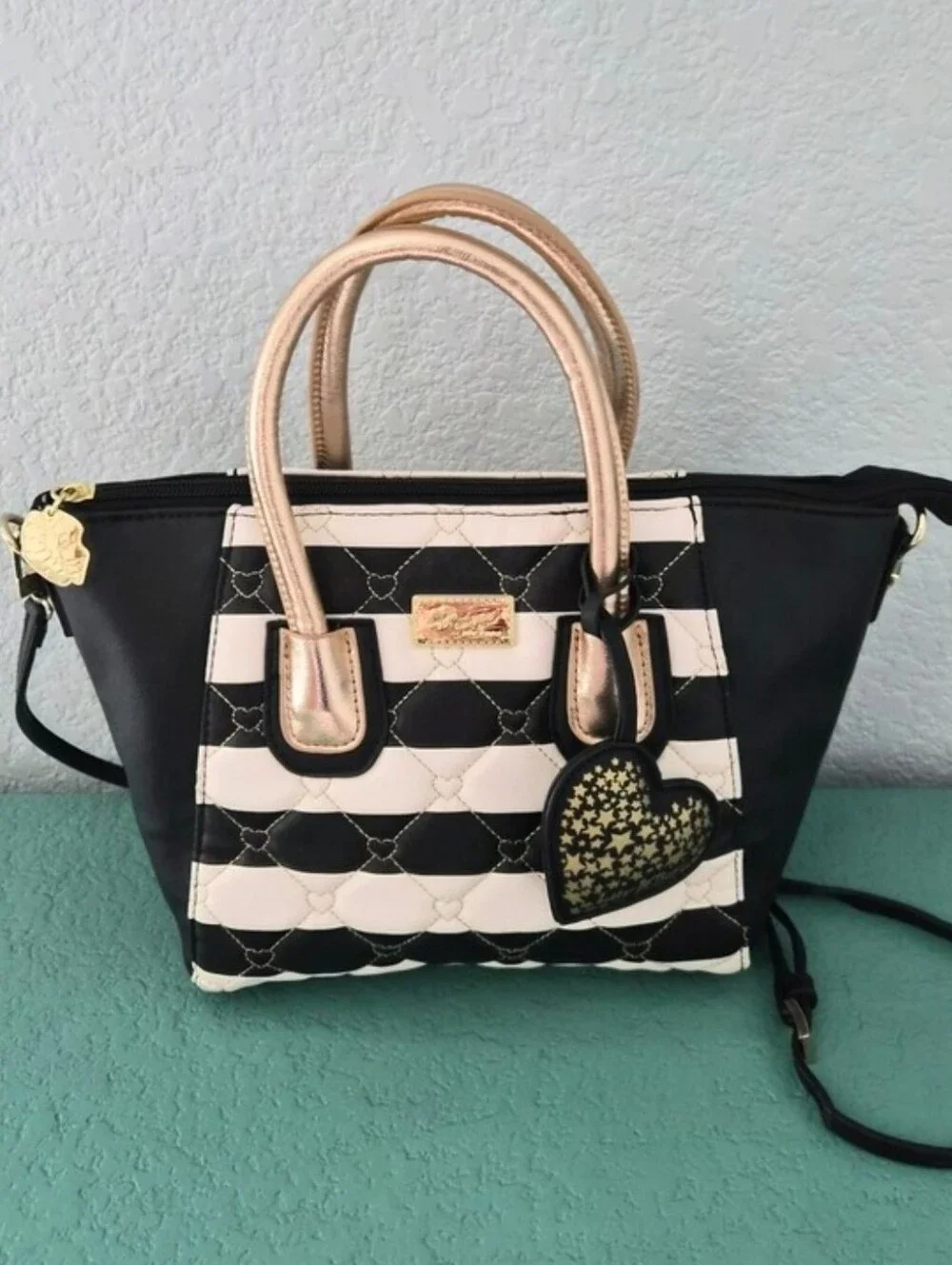 Luv Betsey Betsey Johnson Black White Striped Heart Quilted Satchel Crossbody